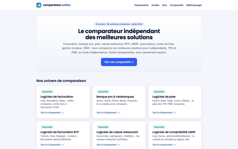 Page d’accueil de comparateur.online : les dix univers de comparaison de logiciels professionnels