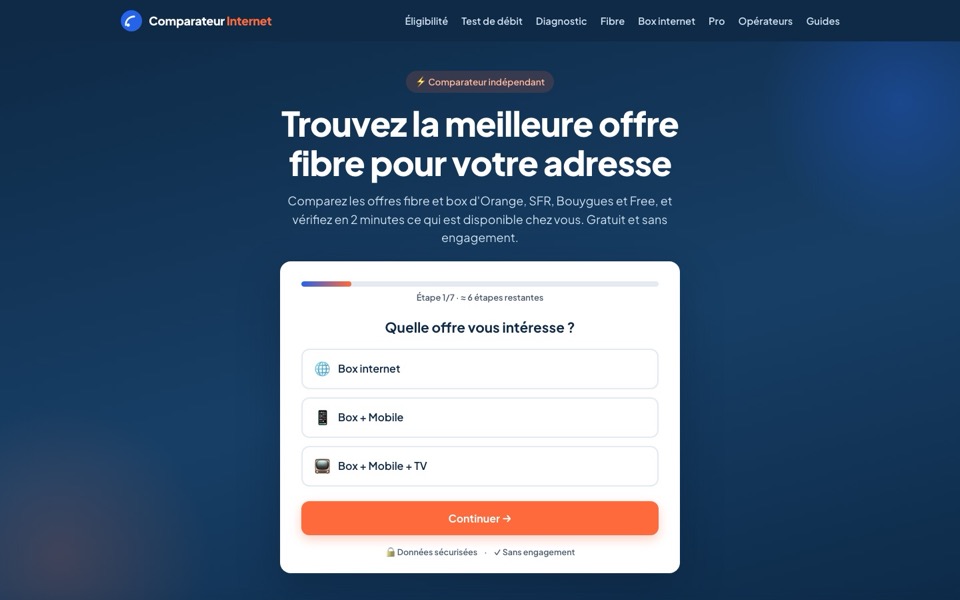 Page d’accueil de Comparateur Internet : première étape du parcours de comparaison des offres fibre