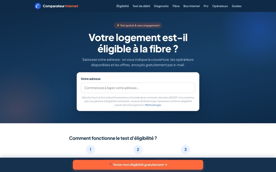 Test d’éligibilité fibre : saisie de l’adresse et méthodologie affichée