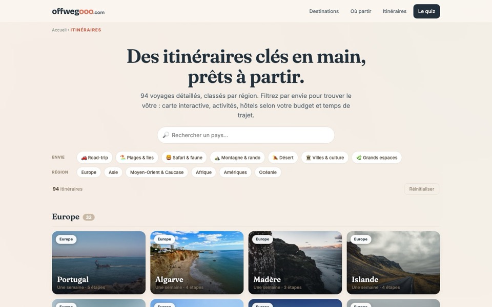 Page « Itinéraires » : 94 voyages filtrables par envie et par région