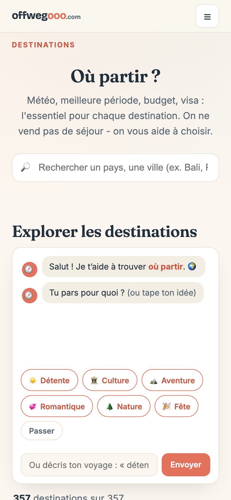 Version mobile d’offwegooo.com, guide de voyage édité par Data Bridge